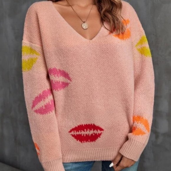 Lip Print v-neck lip Sweater top preppy contemporary Casual - Picture 3 of 7